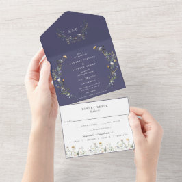 Wild Meadow Floral Wedding Navy Blue All In One Einladung