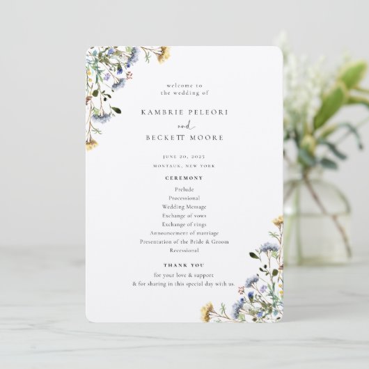 Wild Meadow Floral Wedding Program Programm (Stehend Vorderseite)