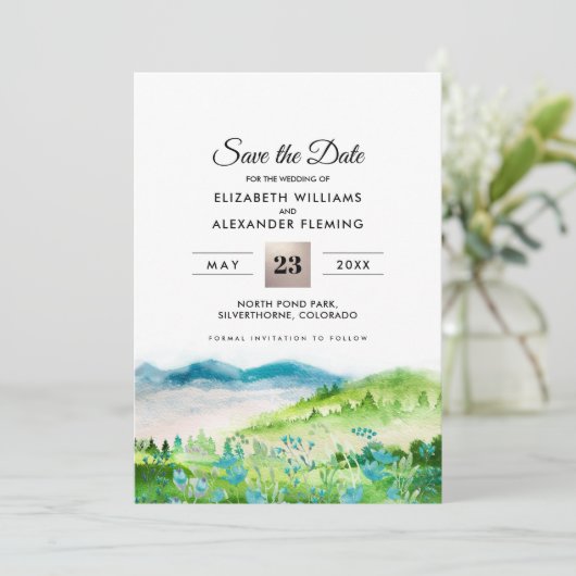 Wild Meadow | Frühjahrsberge Speichern Sie die Dat Save The Date (Stehend Vorderseite)