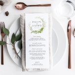 Wild Meadow Wedding Menu Card Menükarte<br><div class="desc">Unser elegantes Hochzeitsmenü im Garten bietet Ihnen Vorspeisen, Vorspeisen und Desserts in eleganter Schrift mit Ihren Namen und Ihrem Hochzeitsdatum, umgeben von einer grünen botanischen Krandute. Koordiniert mit unserer Hochzeitskollektion Wild Meadow. Verwenden Sie die Vorlagenfelder, um Menüinformationen hinzuzufügen, und klicken Sie dann auf "Anpassen", um Elemente bei Bedarf neu zu...</div>
