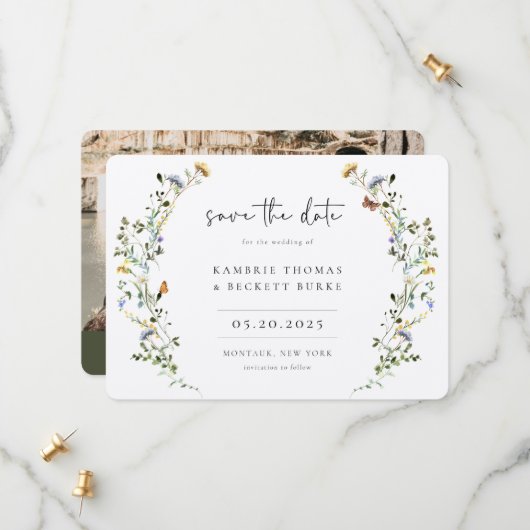 Wild Meadow Wreath Floral Foto Save The Date (Vorderseite/Rückseite Beispiel)