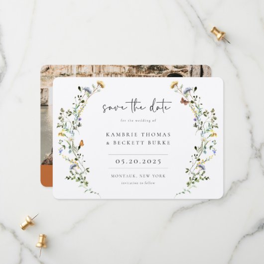 Wild Meadow Wreath Floral Foto Save The Date (Vorderseite/Rückseite Beispiel)