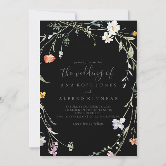 Wild-Multicolor-Blütenschwarz Die Hochzeit von Einladung (Vorderseite)