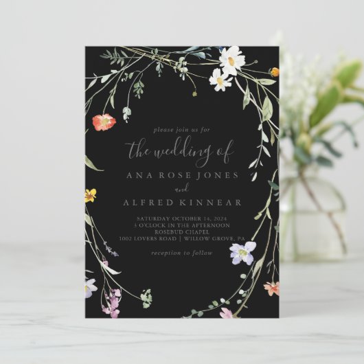 Wild-Multicolor-Blütenschwarz Die Hochzeit von Einladung (Stehend Vorderseite)