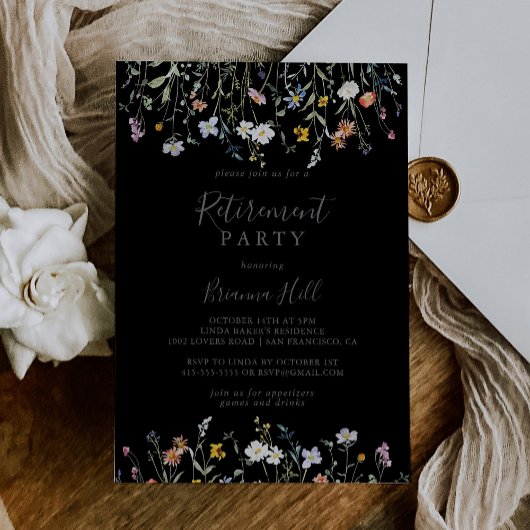 Wild Multicolor Floral Black Retirement Party Einladung