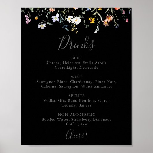 Wild Multicolor Floral Black Wedding Drinks Menü Poster (Vorne)