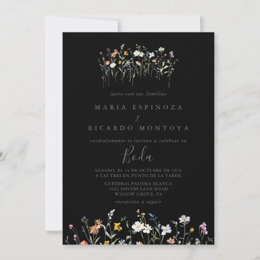 Wild Multicolor Floral Black Wedding Einladung (Vorderseite)