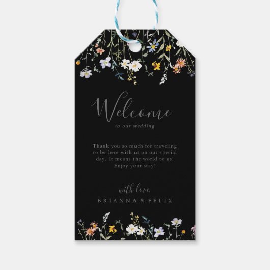 Wild Multicolor Floral Black Wedding Willkommen Geschenkanhänger (Vorderseite)