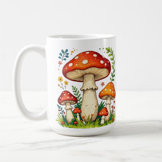 Wild mushrooms and flowers in grass forest nature kaffeetasse (Links)
