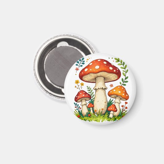 Wild mushrooms and flowers in grass forest nature magnet (Vorderseite/Rückseite)