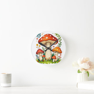 Wild mushrooms and flowers in grass forest nature runde wanduhr