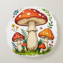 Wild mushrooms and flowers in grass forest nature rundes kissen