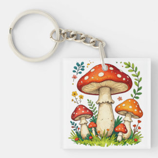 Wild mushrooms and flowers in grass forest nature schlüsselanhänger