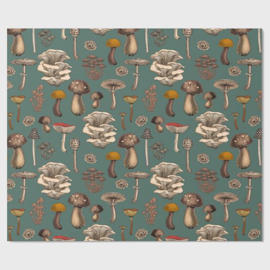 Wild Mushrooms on pine green Geschenkpapier (Flach)