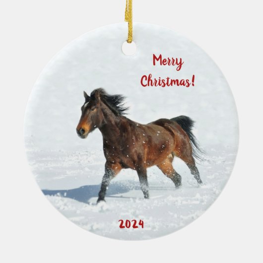 Wild Mustang Horse Running im Schnee Keramik Ornament (Hinten)