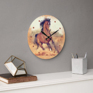 Wild Mustang Horses Stampede Watercolor Große Wanduhr