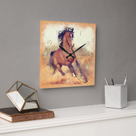 Wild Mustang Horses Stampede Watercolor Quadratische Wanduhr