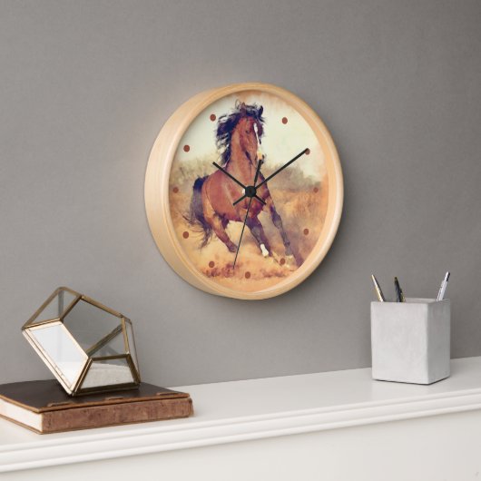 Wild Mustang Horses Stampede Watercolor Uhr (Büro)