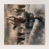 Wild Mustangs Running Alongside Vintage Train Puzzle (Horizontal)