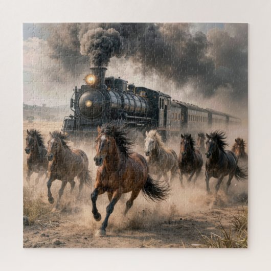 Wild Mustangs Running Alongside Vintage Train Puzzle (Vertikal)