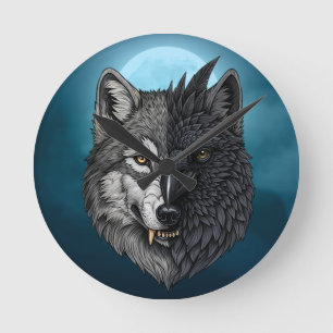Wild Nature Moon Crow-Wolf Raven Runde Wanduhr