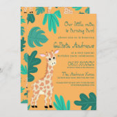 Wild Niedliche grüne Orange Giraffe Blätter Geburt Einladung (Vorne/Hinten)