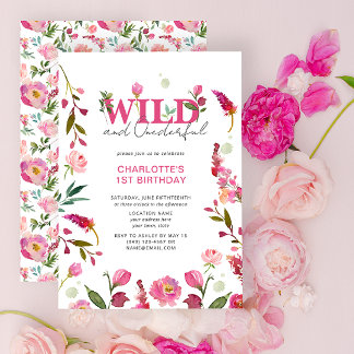 Wild & onderful Pink Floral Girl 1. Geburtstag Einladung