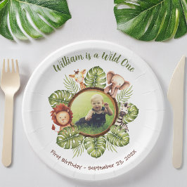 Wild One 1. Geburtstag Foto Safari Animals Blätter Pappteller