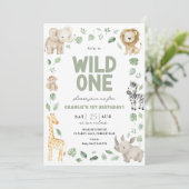 Wild One 1. Geburtstag Safari TierJungle Einladung (Stehend Vorderseite)
