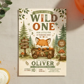 Wild One 1. Geburtstag | Woodland-Fuchs-Thema Einladung
