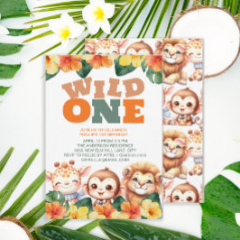 Wild One 1st Birthday Safari Lion Giraffe Monkey Einladung