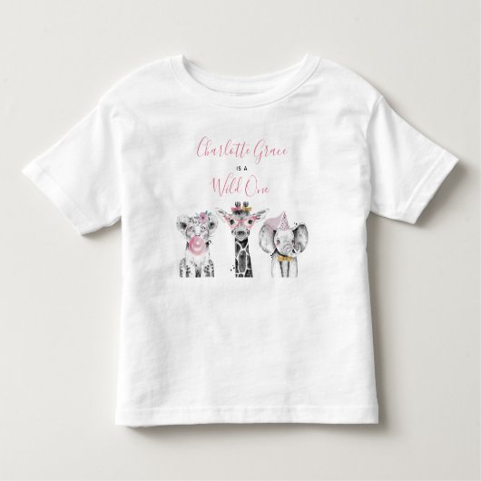 Wild One Animal Safari Schwarz-weiß Rosa Geburtsta Kleinkind T-shirt (Vorderseite)