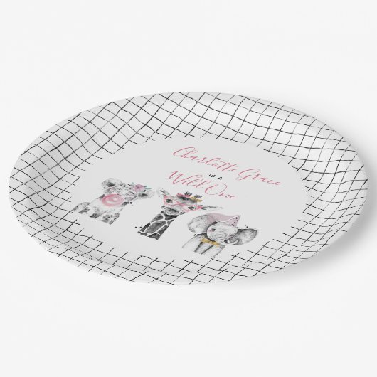 Wild One Animal Safari Schwarz-weiß Rosa Geburtsta Pappteller (Schrägansicht)