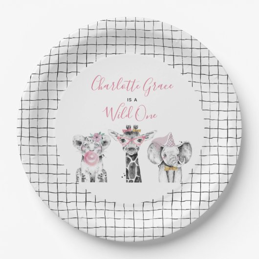 Wild One Animal Safari Schwarz-weiß Rosa Geburtsta Pappteller (Vorderseite)