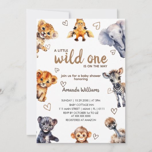 Wild One Animals Moderne einfache Baby Boy Dusche Einladung (Vorderseite)