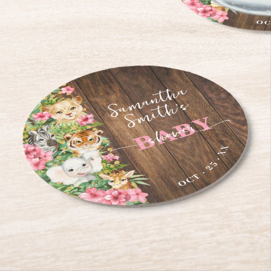 Wild One Animals Rustic Pink Safari Baby Shower Runder Pappuntersetzer (Angewinkelt)