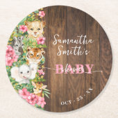 Wild One Animals Rustic Pink Safari Baby Shower Runder Pappuntersetzer (Vorderseite)