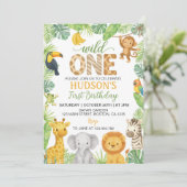Wild One Animals Safari 1st Birthday Einladung (Stehend Vorderseite)