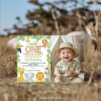 Wild One Animals Safari 1st Birthday Photo Einladung