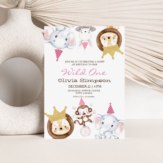 Wild One Animals Theme Girly First Birthday Party Einladung