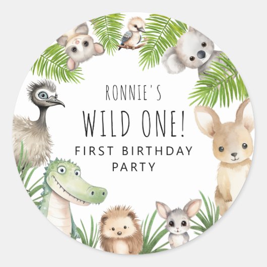 Wild One! Aussie Animal Birthday Party Runder Aufkleber (Vorderseite)