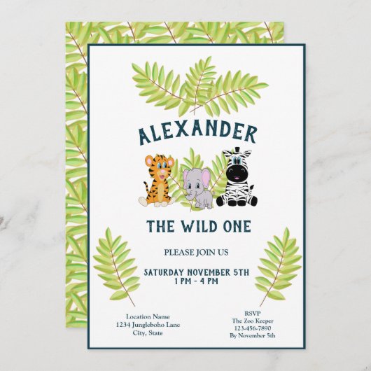 Wild One Baby 1st Birthday Jungle Animals Boy Einladung (Vorne/Hinten)