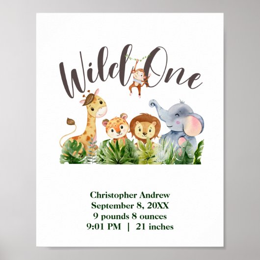 Wild One Baby Animals Jungle Safari Geburtsstaten Poster (Vorne)