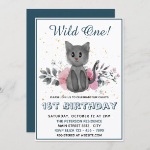 Wild One - Baby Cat und Blume 1. Geburtstag Einladung