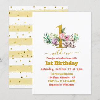 Wild One - Baby Cat und Blume 1. Geburtstag Einladung