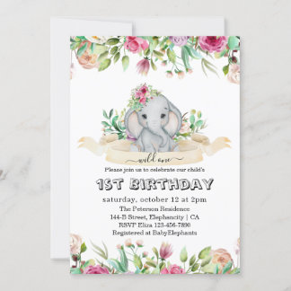Wild One - Baby Elephant und Blume 1. Geburtstag Einladung