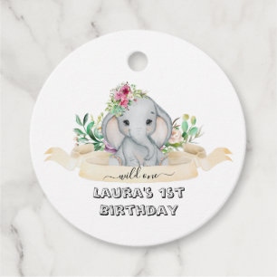 Wild One - Baby Elephant und Blume 1. Geburtstag Geschenkanhänger