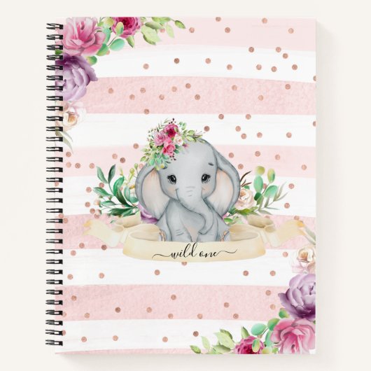 Wild One - Baby Elephant und Blume Notebook Notizblock (Vorderseite)