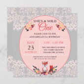Wild ONE Baby Girl Fox Blume & Lace Einladung (Vorne/Hinten)
