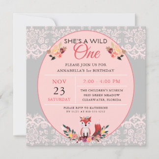 Wild ONE Baby Girl Fox Blume & Lace Einladung